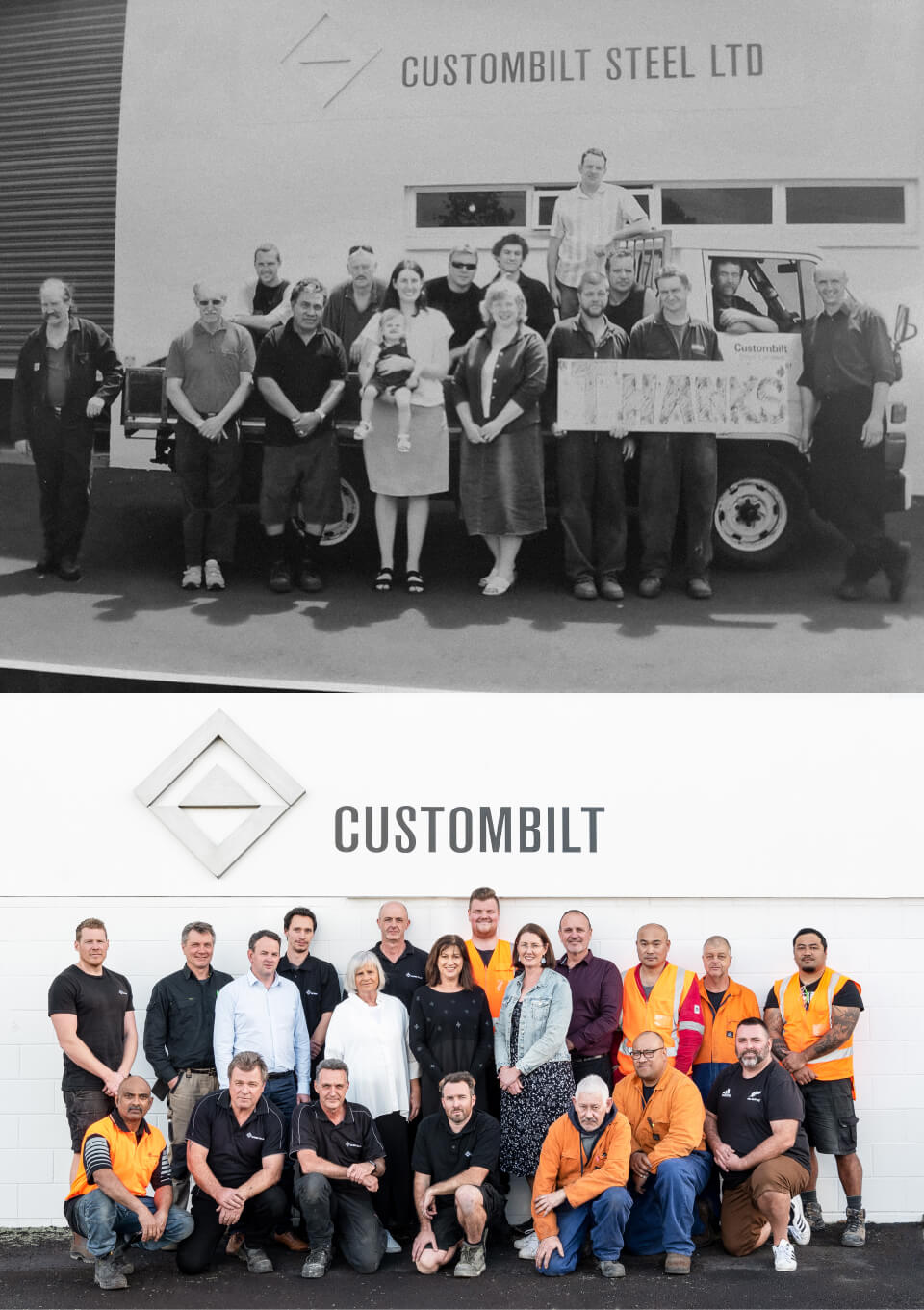 Historical black-and-white photograph of the Custombilt team outside Custombilt Steel premises